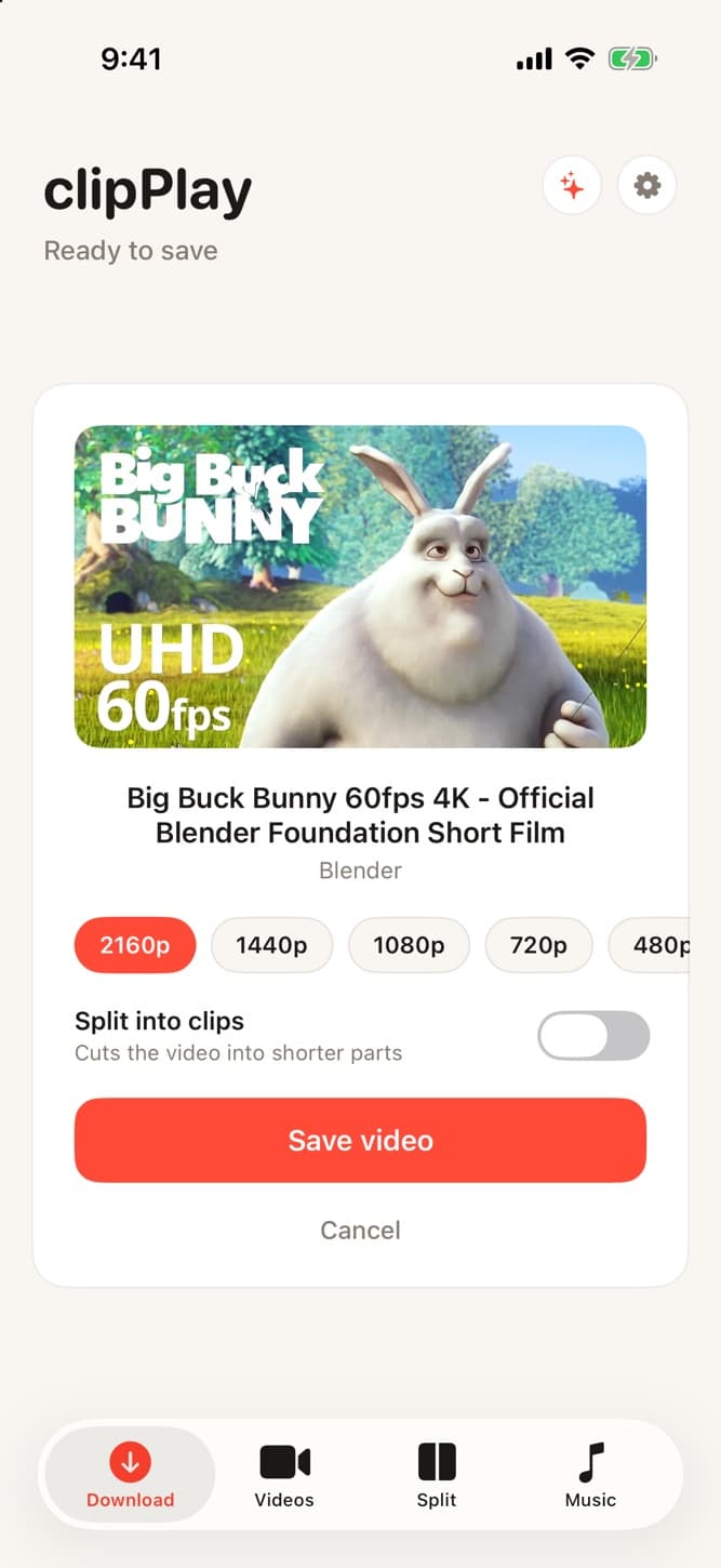 The clipPlay iOS app with a video ready to save and its resolutions to choose from